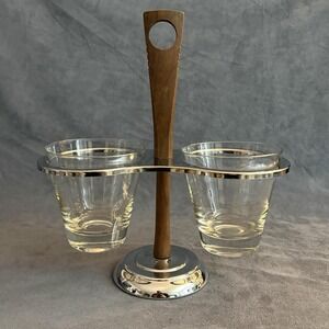 Mid Century Modern Chrome & Teak Double Glass Barware Caddy Danish Scandinavian